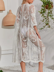 Back view white lace longline swimsuit cover