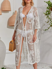Front-facing white sheer lace beach cover-up
