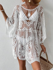 White lace round neck swim cover-up, front view