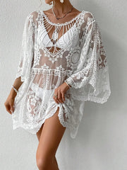 Sheer white lace beachwear with round neck