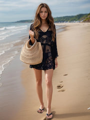 Black cover-up with 3/4 sleeves and lace details