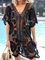 Black V-neck lace swim cover-up front view