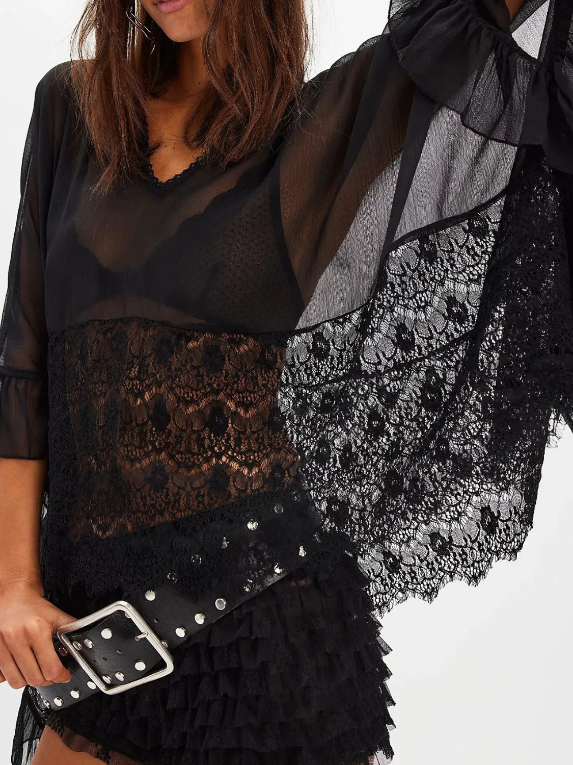 Black lace V-neck ruffle cover-up front view