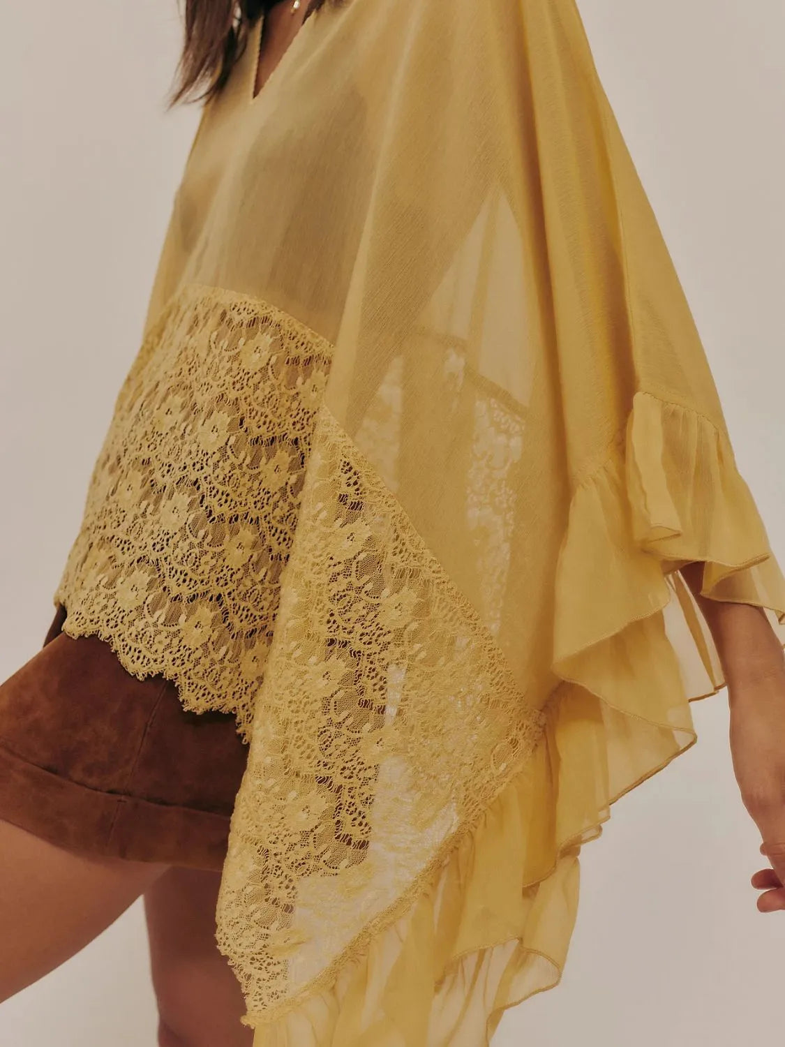 Mustard lace V-neck ruffle cover-up front view