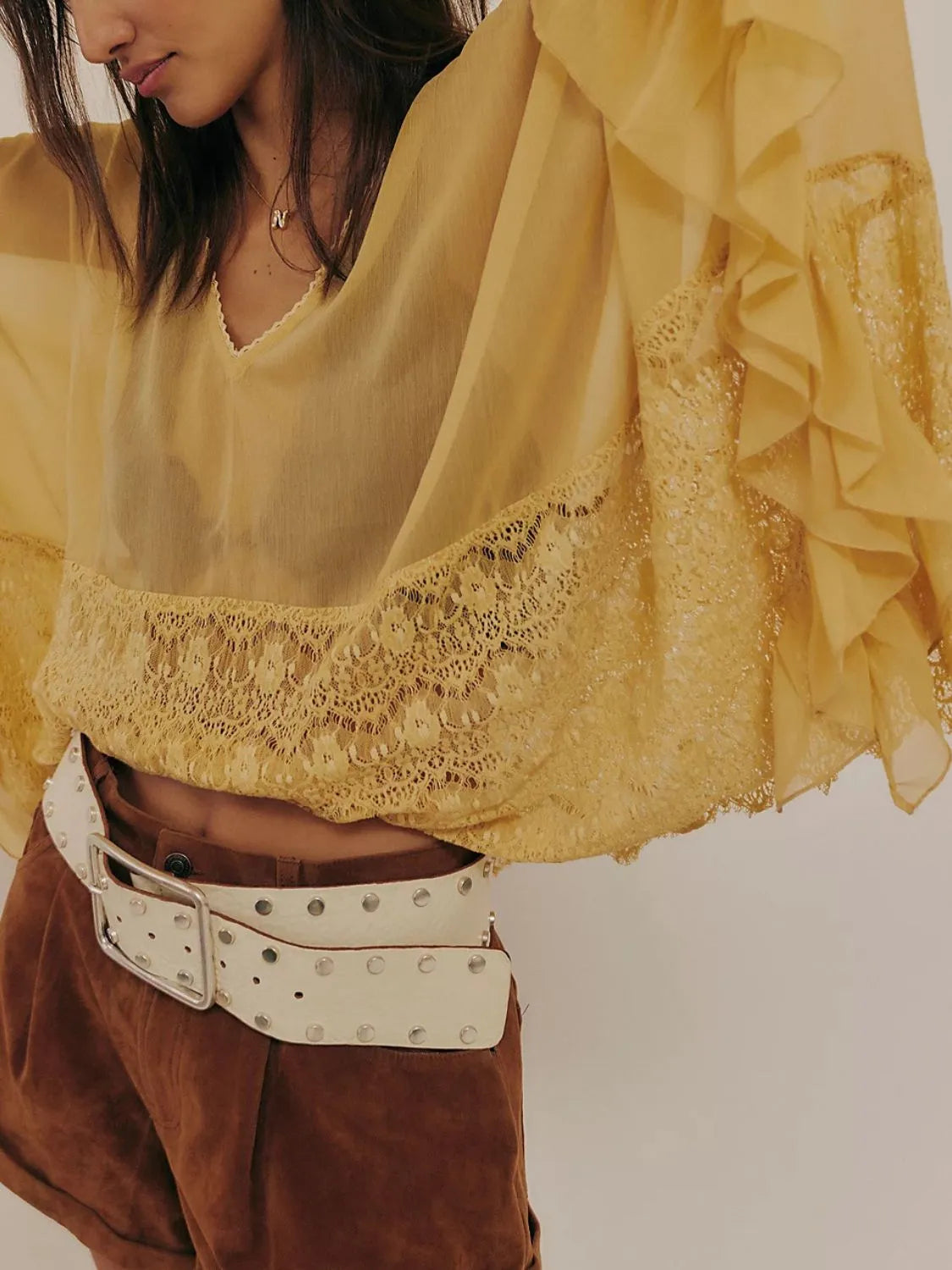 Front view mustard lace ruffle cover-up