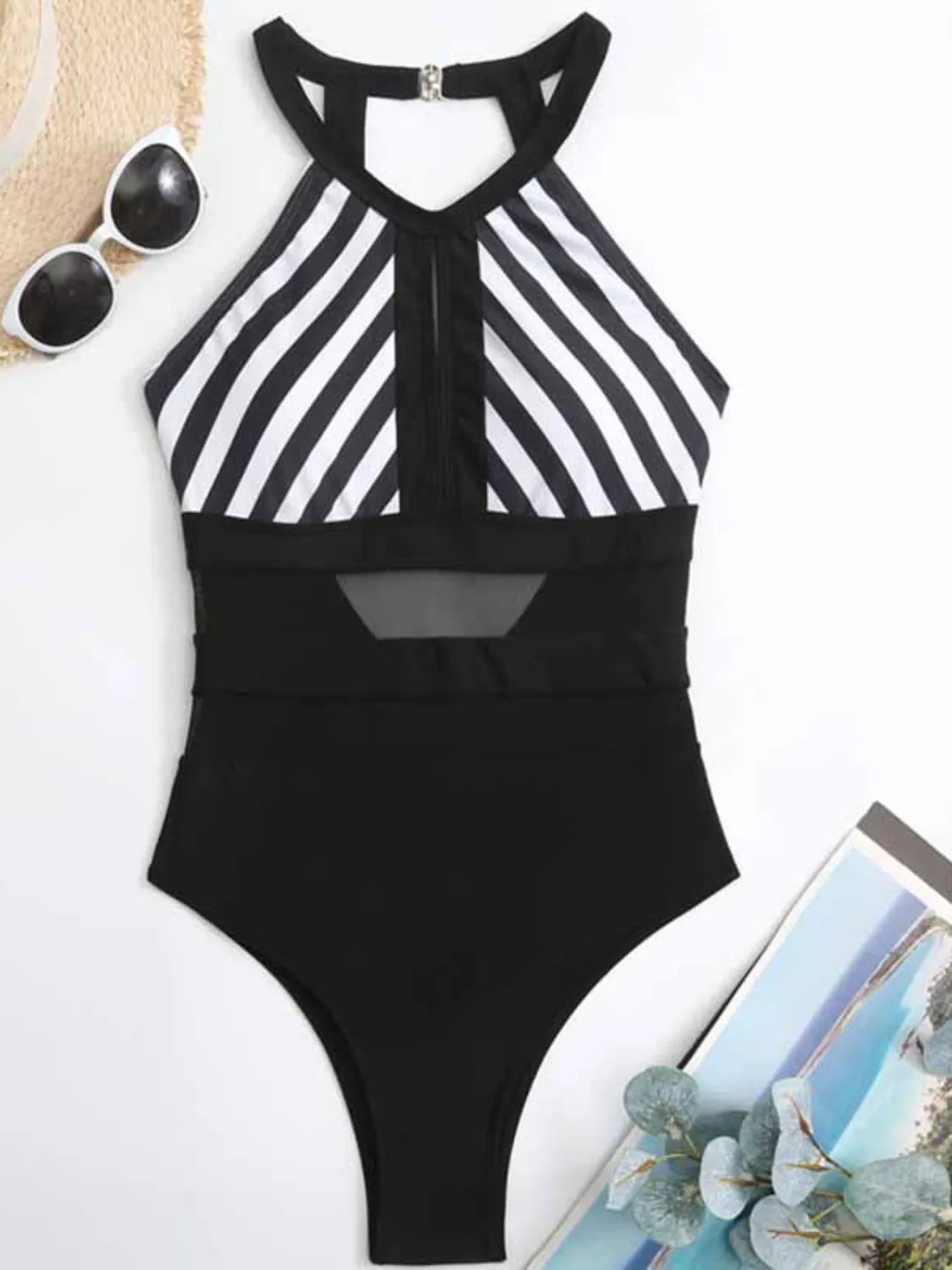  Front-facing black swimsuit with mesh panels