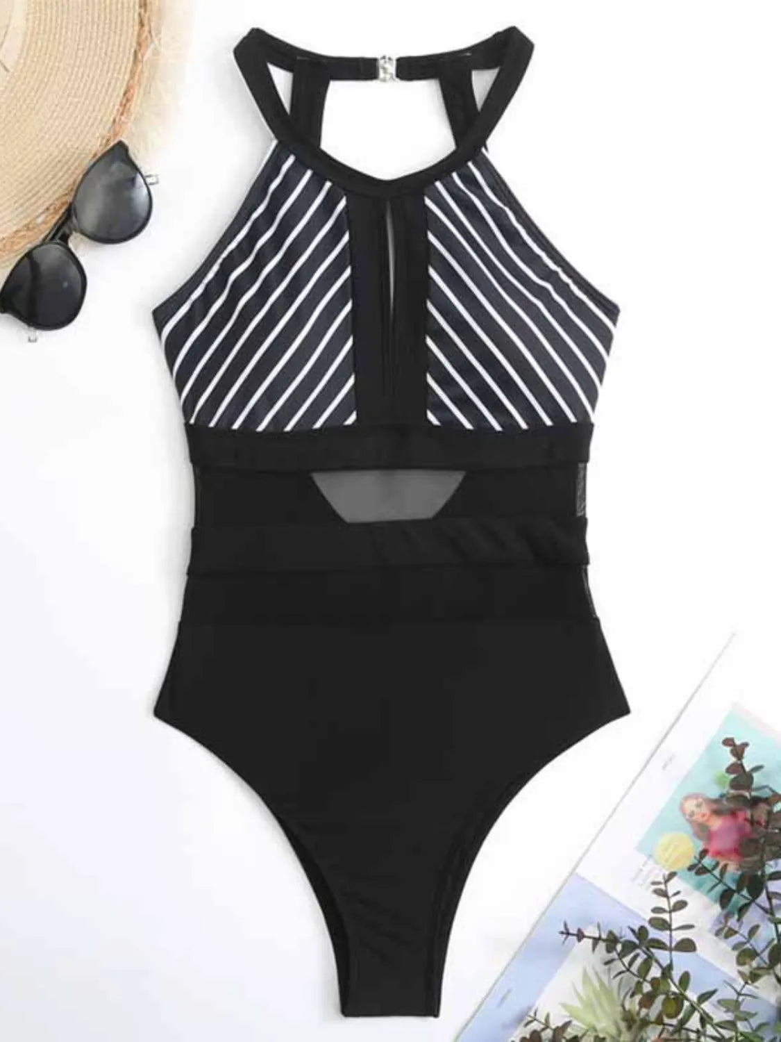 Striped mesh one-piece swimsuit front