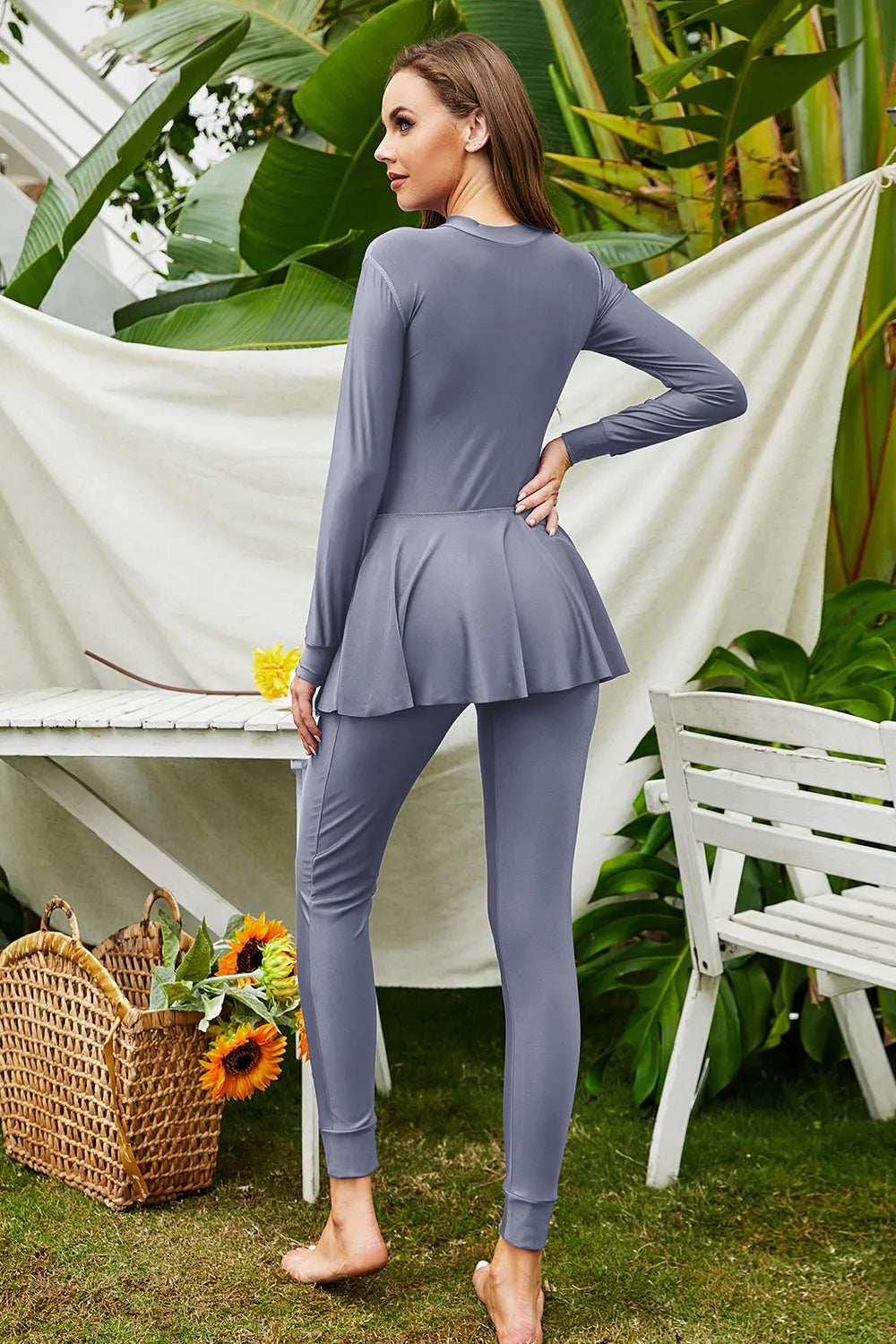 Back view of Mock Neck Long Sleeve One-Piece Swimwear in dark gray

