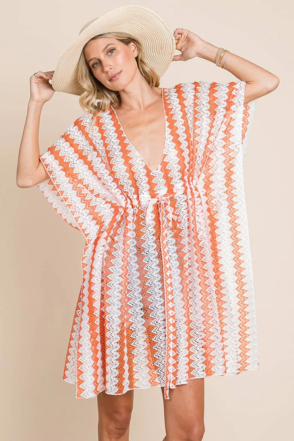 multi crochet lace cover up orange front view