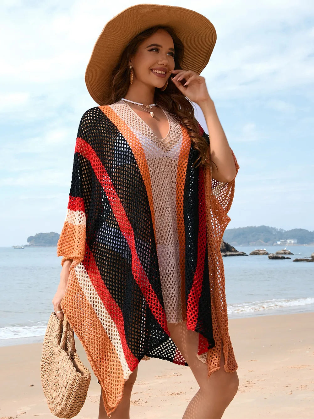 Openwork Color Block Plunge Cover-Up in Black -Side View