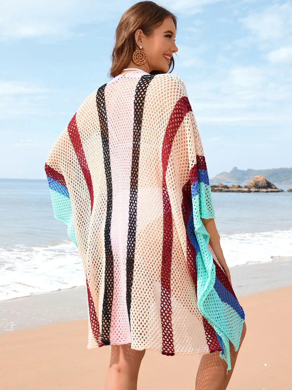 Openwork Color Block Plunge Cover-Up in Khaki - Back View