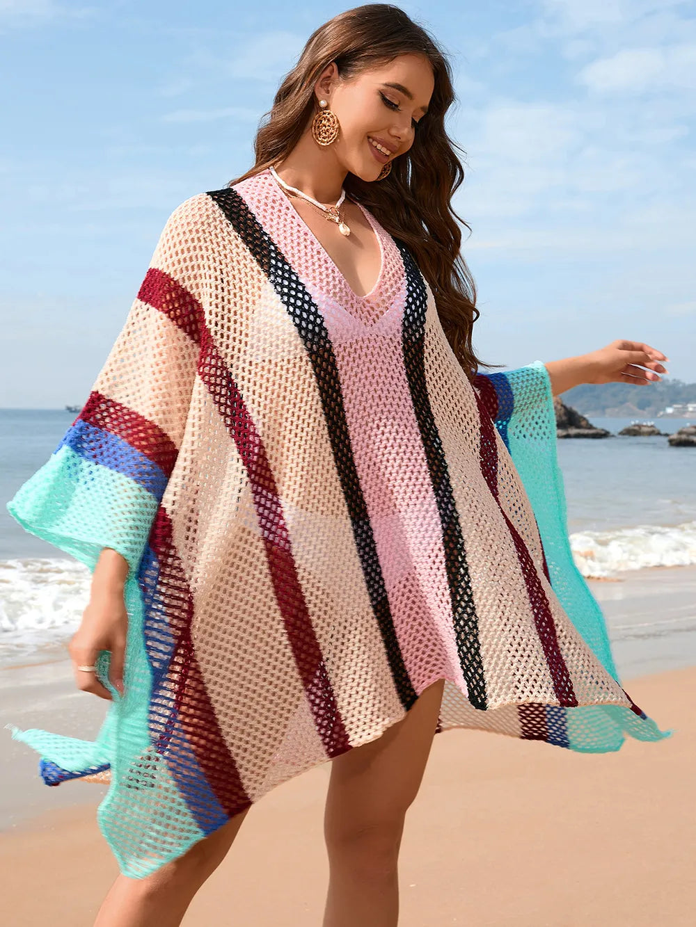 Openwork Color Block Plunge Cover-Up in Khaki - Front View 2