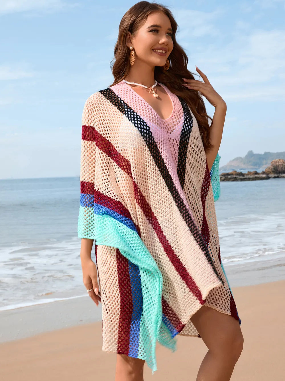 Openwork Color Block Plunge Cover-Up in Khaki - Side View