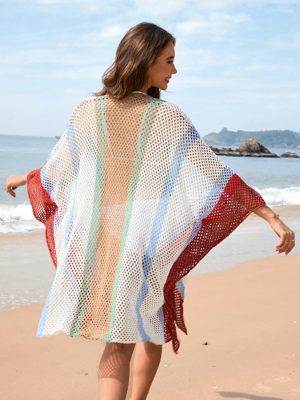 Openwork Color Block Plunge Cover-Up in White - Back View