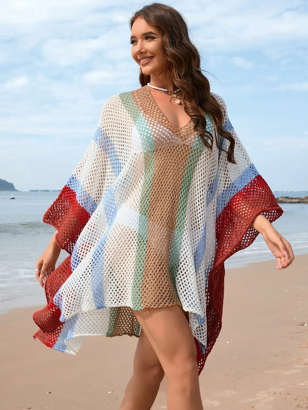 Openwork Color Block Plunge Cover-Up in White -Side View