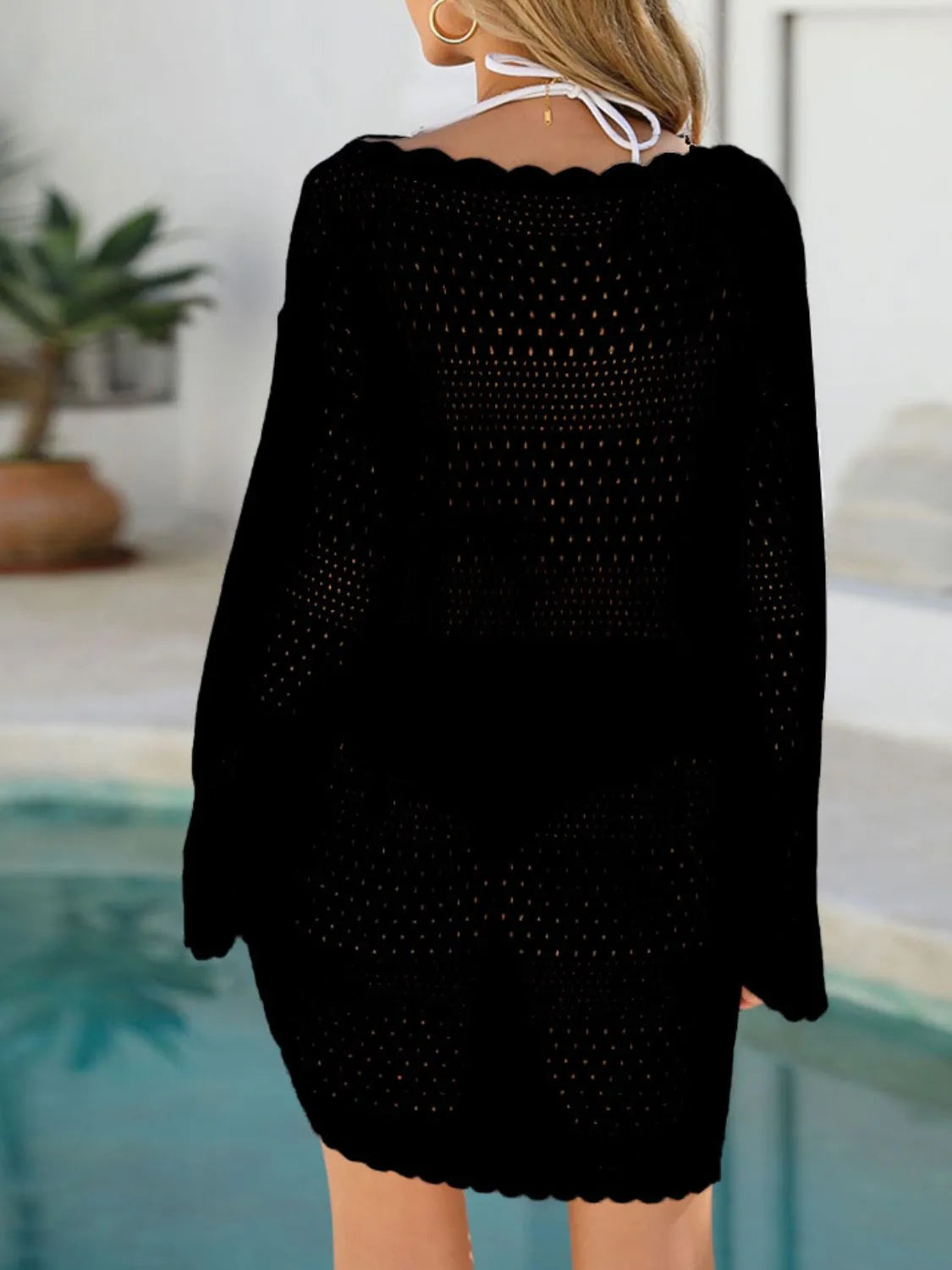 Back view black round neck beach cover-up