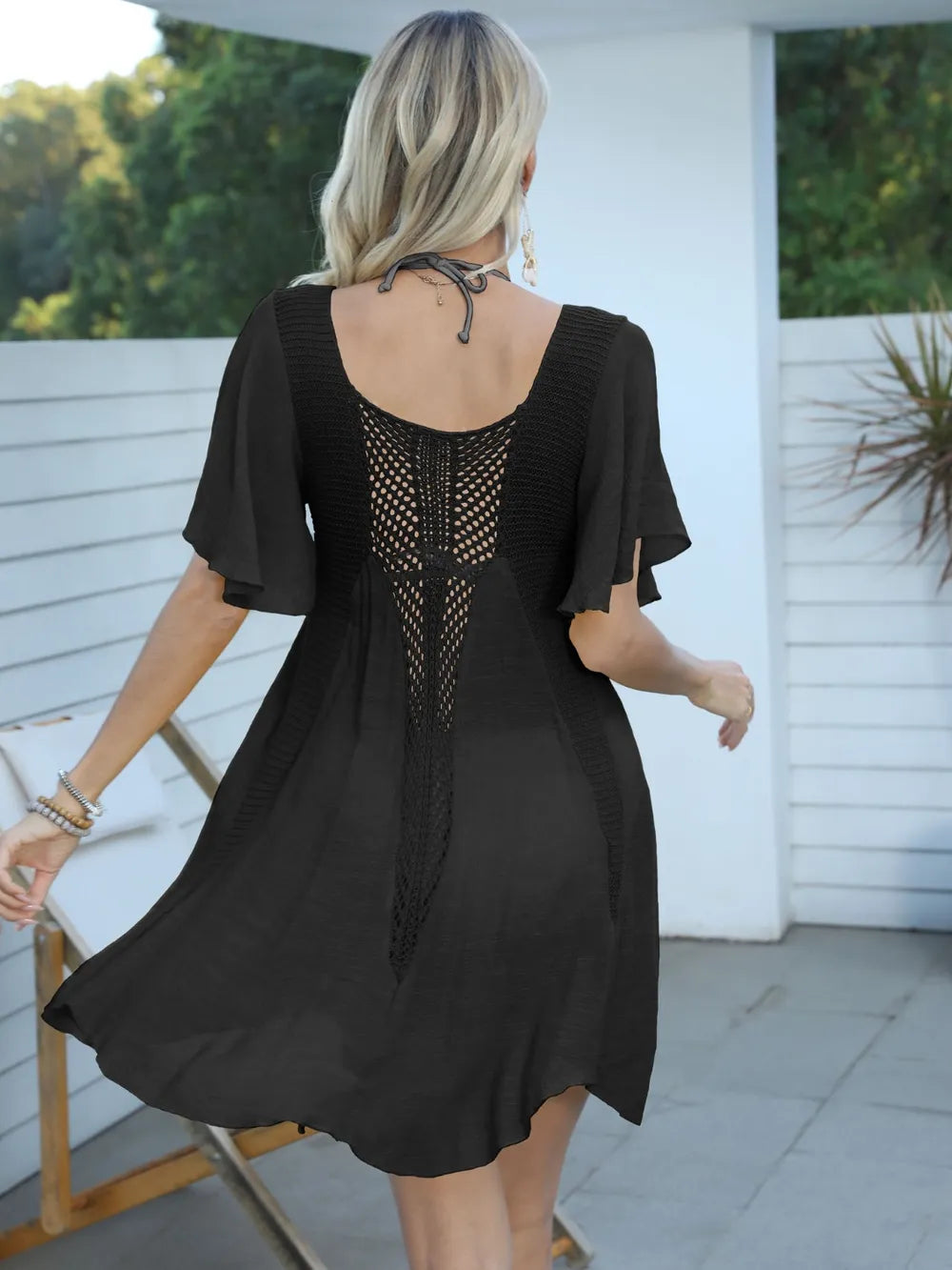 Back view of Openwork Flutter Sleeve Cover-Up Dress in black