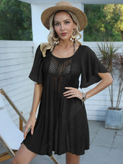 Front view of Openwork Flutter Sleeve Cover-Up Dress in black