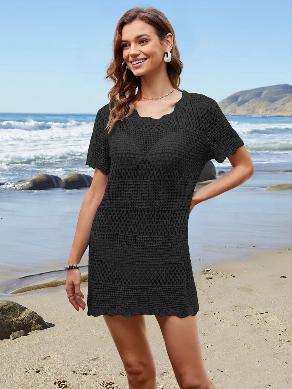 Black short sleeve openwork swim cover-up