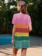 Rainbow sheer beach cover-up with round neck