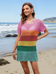 Rainbow short sleeve openwork swim cover-up