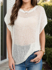 Cream openwork short sleeve swim cover-up