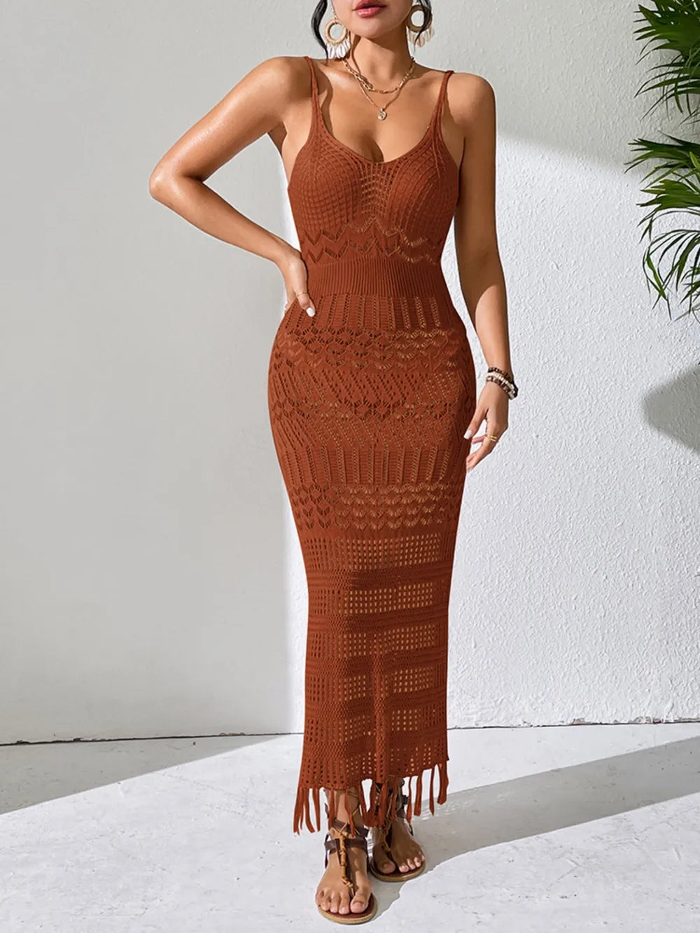 Brown tassel detail cover-up dress front angle