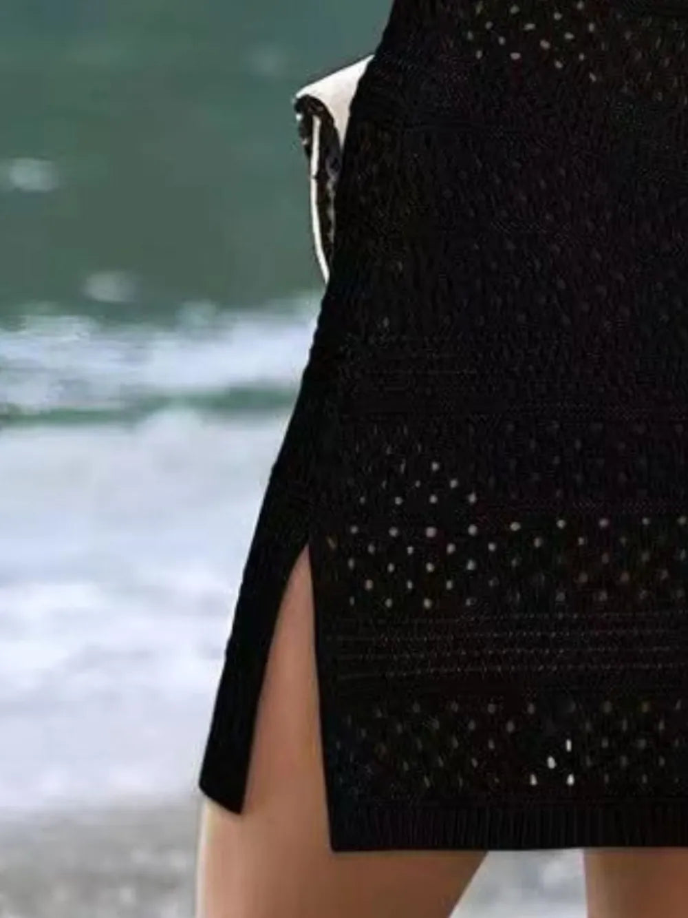 Black short sleeve openwork swim cover-up