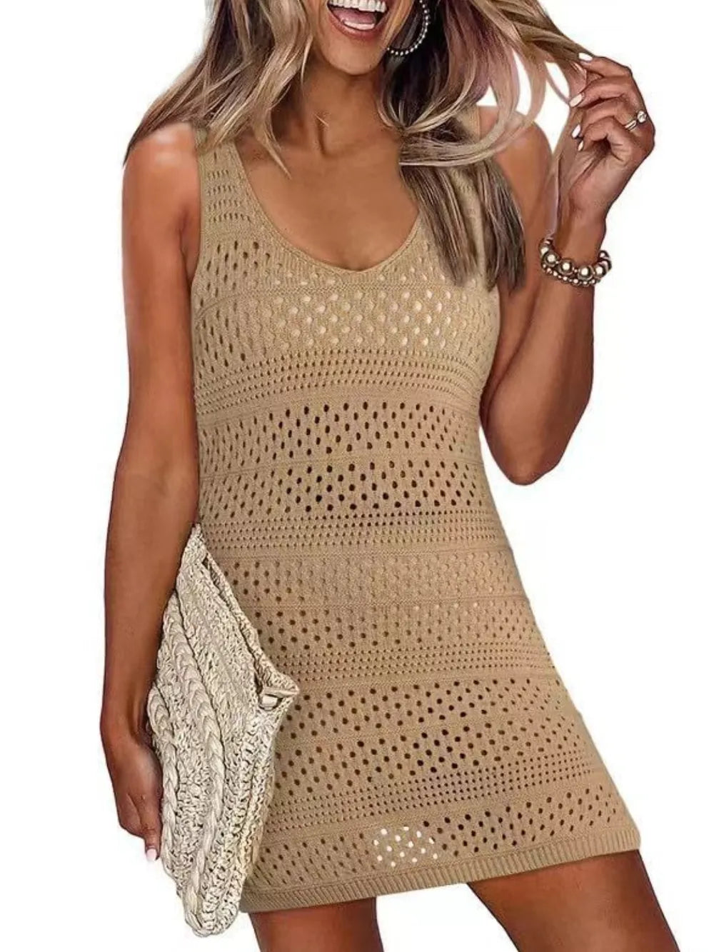 Camel semi-sheer beach cover-up with slit detail