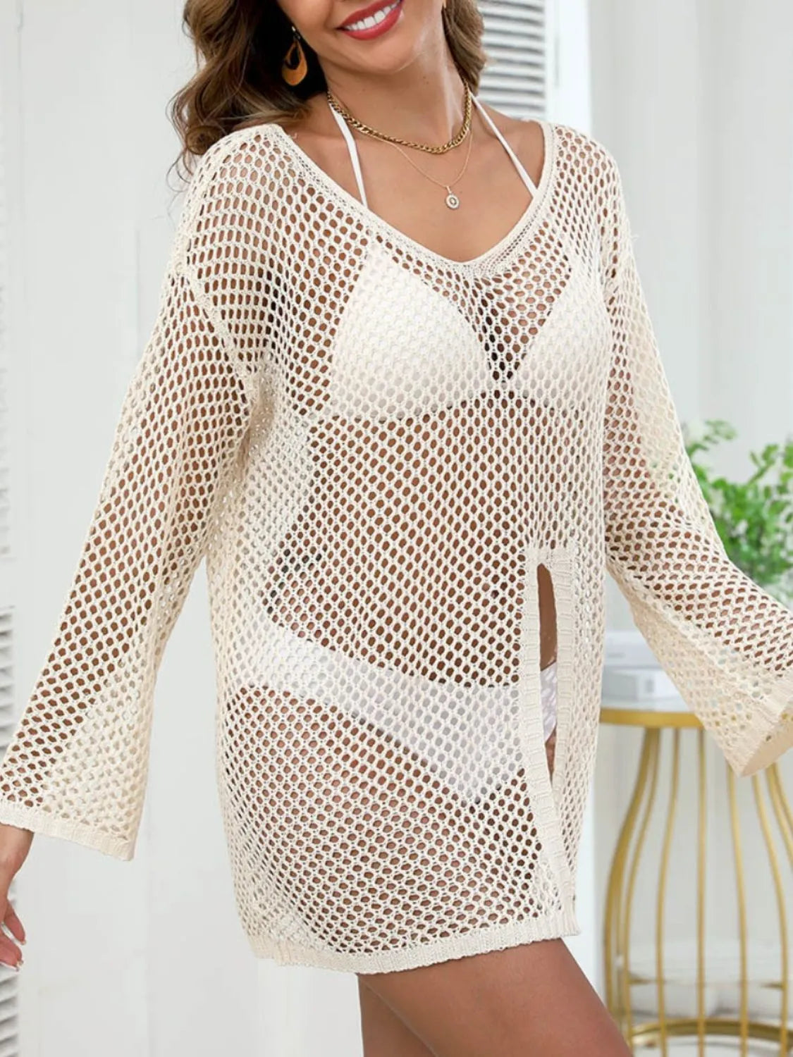 Beige open slit swimsuit cover front