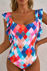 Frill shoulder one-piece swimsuit multicolor
