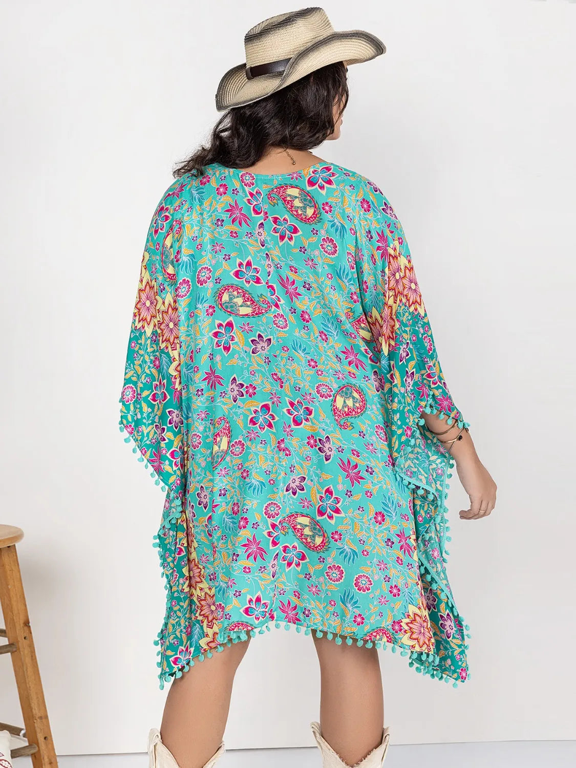 Back view plus size turquoise printed cover-up