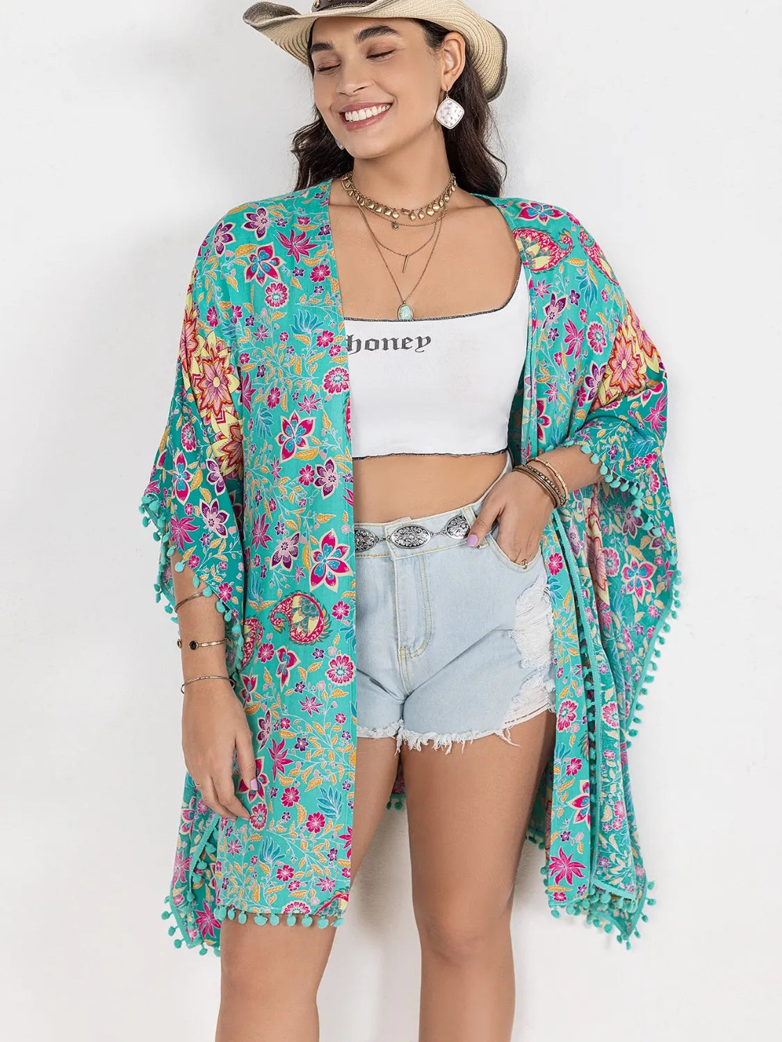 Turquoise printed plus size cover-up front view