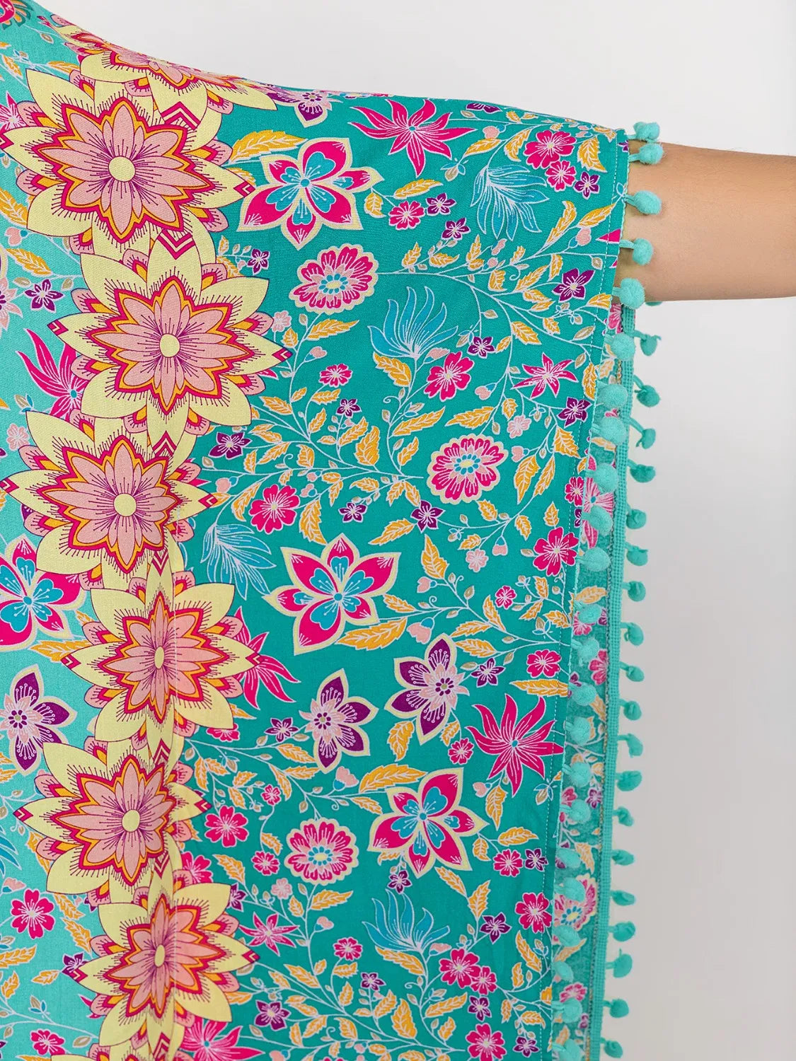 Turquoise flowy swim cover-up front view