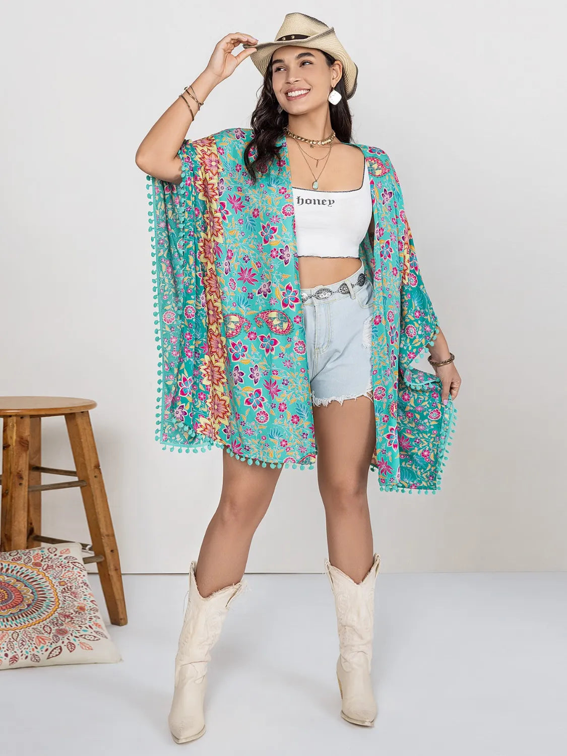 Lightweight open front cover-up turquoise