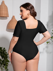 Back view of Plus Size Scoop Neck Short Sleeve One-Piece Swimsuit in black