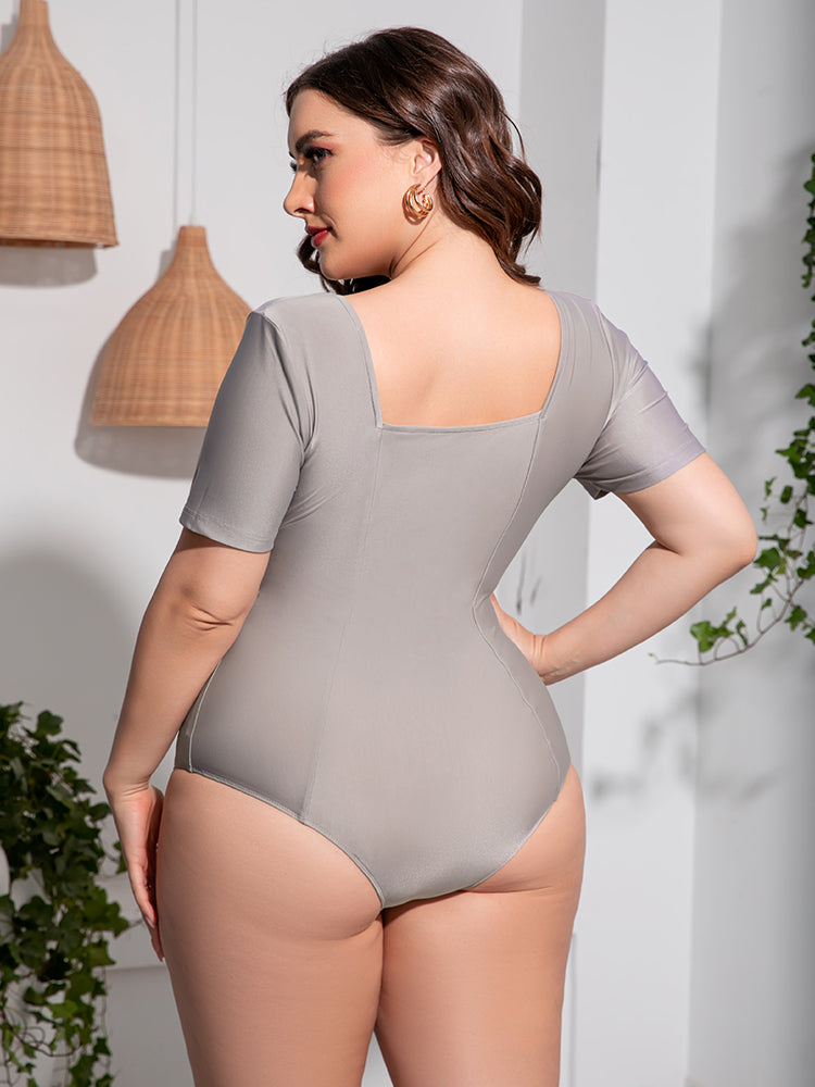 Back view of Plus Size Scoop Neck Short Sleeve One-Piece Swimsuit in light grey