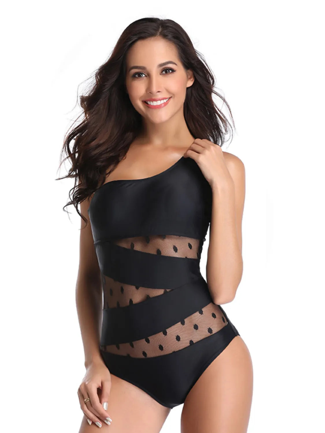 Front-facing one-shoulder swimsuit with playful dot print
