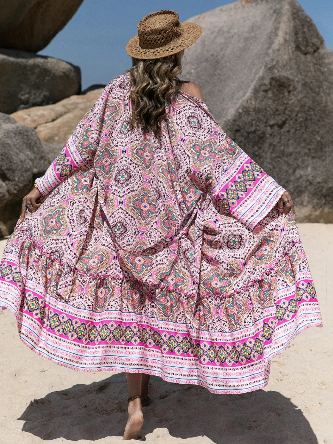 Back view of pink printed swimwear cover-up