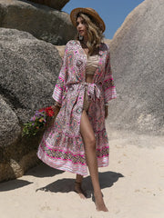 Pink printed cover-up with tie front view