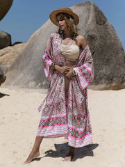 Front-facing pink printed beach cover-up