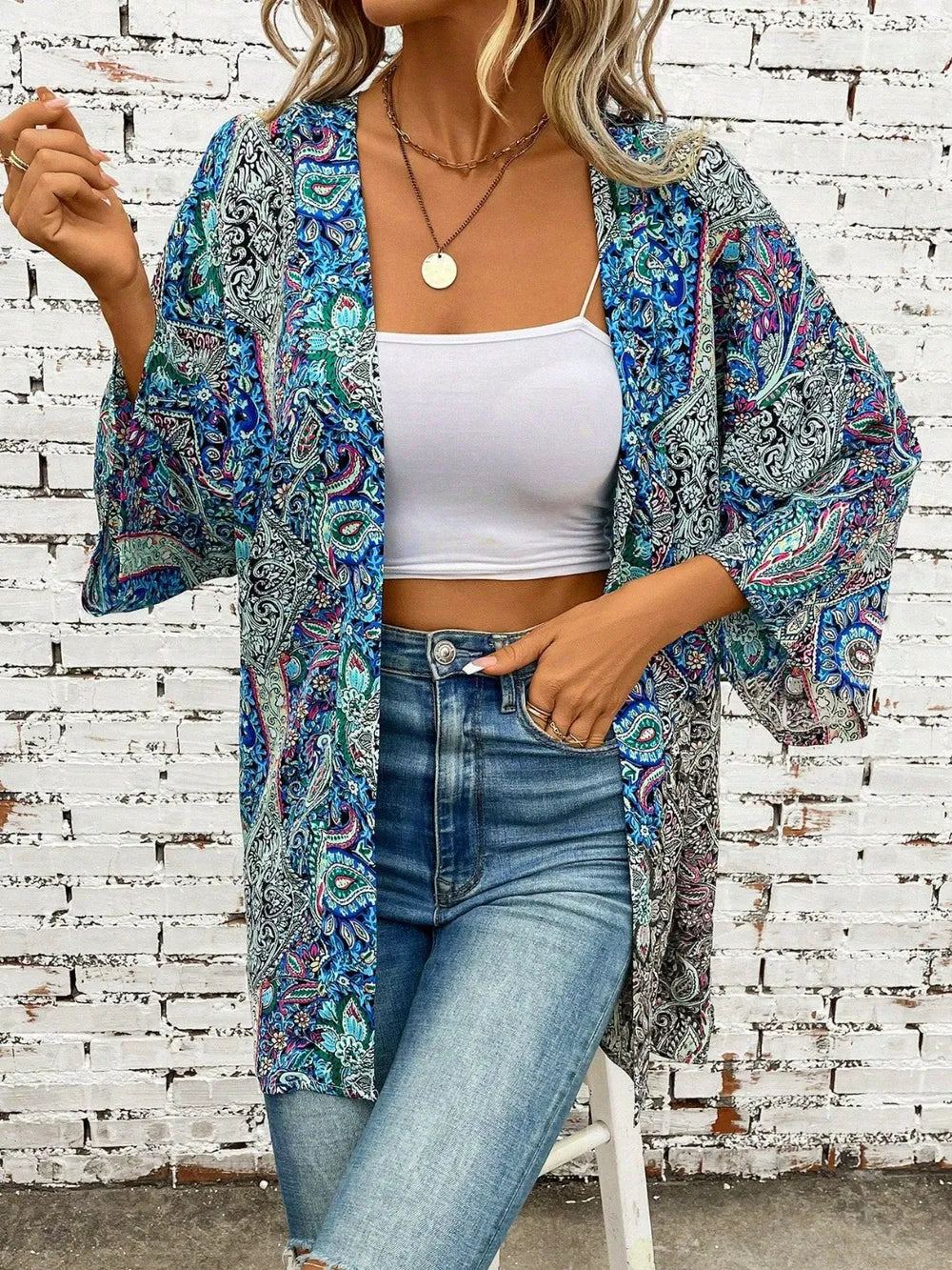 Teal beach cover-up with open front design