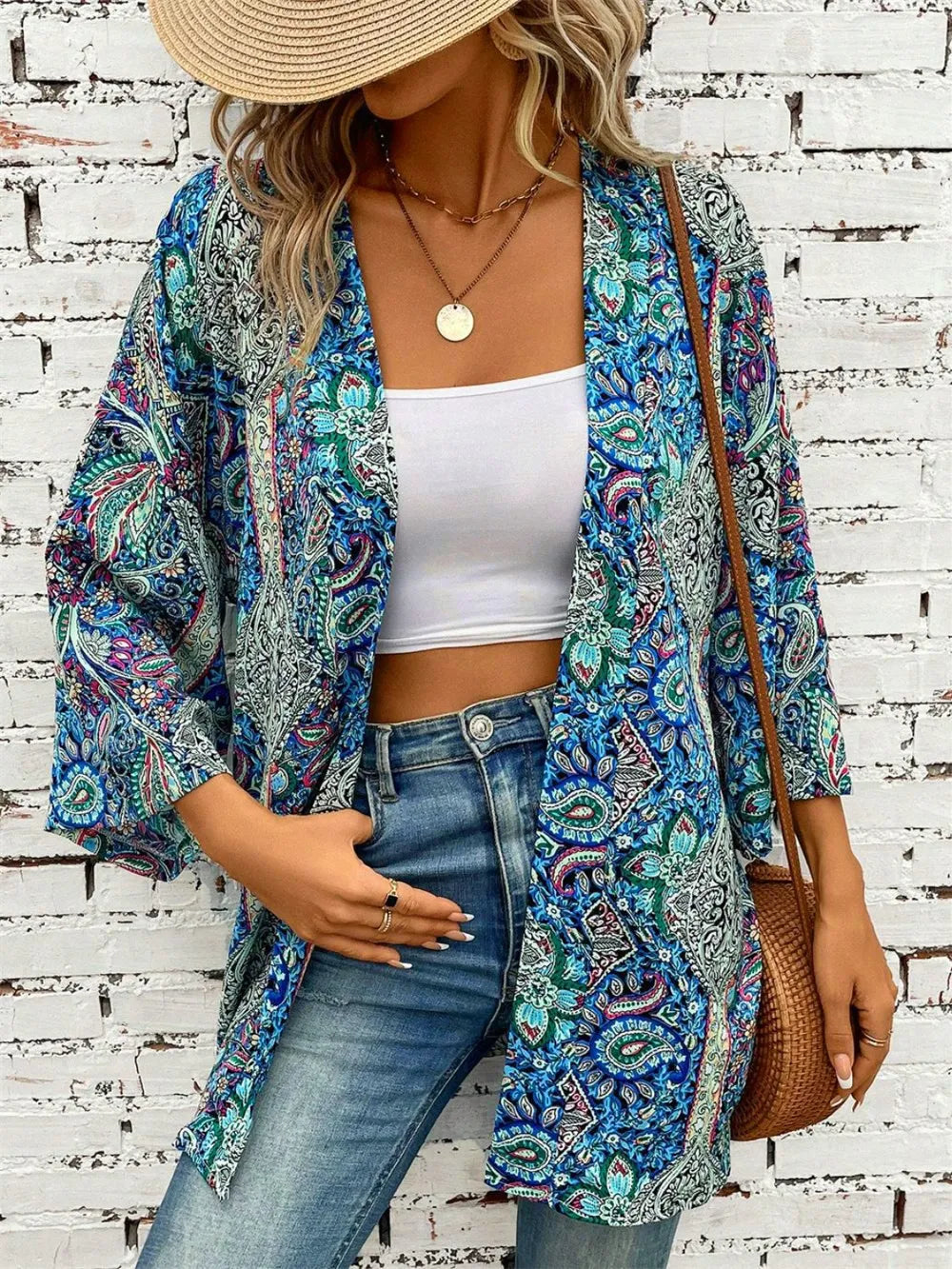 Relaxed fit teal printed cover-up front view