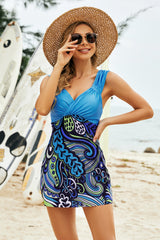 Front view of Printed Ruched Swim Dress and Swim Bottoms Set in blue