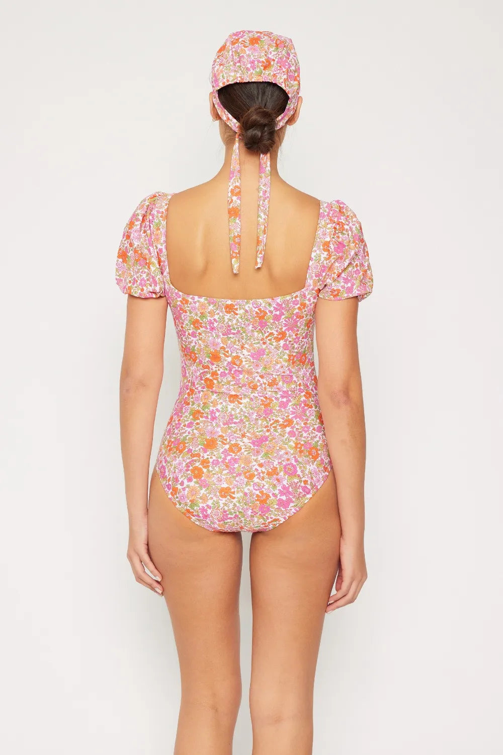 Back view pink floral puff sleeve swimsuit