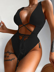 ribbed lace-up one-piece swimsuit black front view