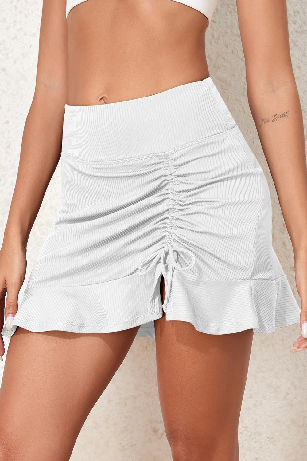 Ruched elastic waist swim skirt light gray front view