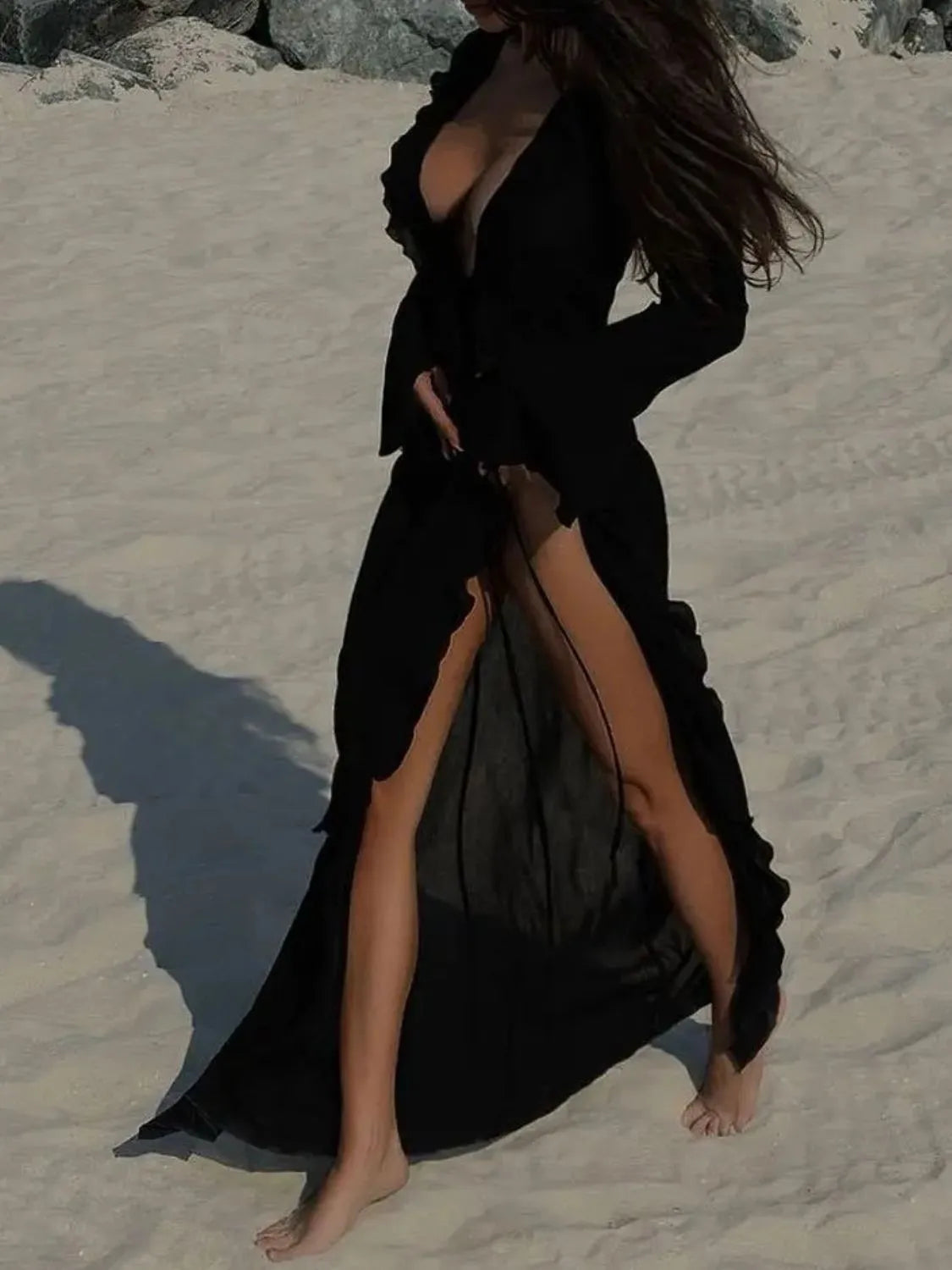 Black ruffled long sleeve swim cover-up