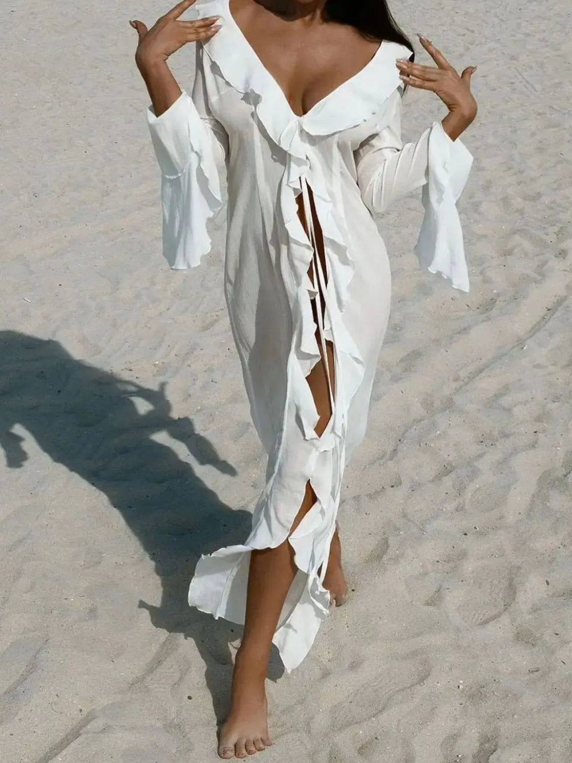 White ruffled long sleeve cover-up front view