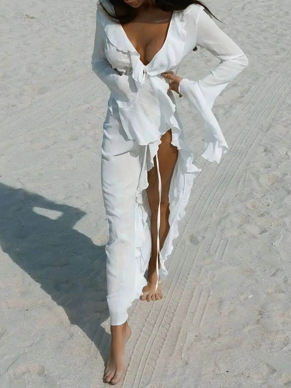 White tied cover-up dress with long sleeves